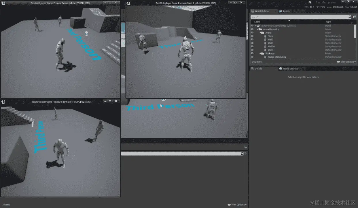 图 16.5：使用 640x480 分辨率启动三个客户端窗口与监听服务器