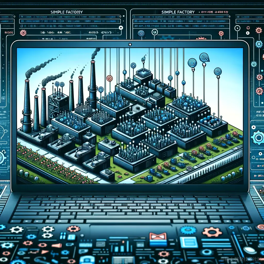 DALL·E 2023-11-16 22.31.38 - An illustrative image representing the Simple Factory design pattern in software engineering. The image should feature a factory setting with various .png