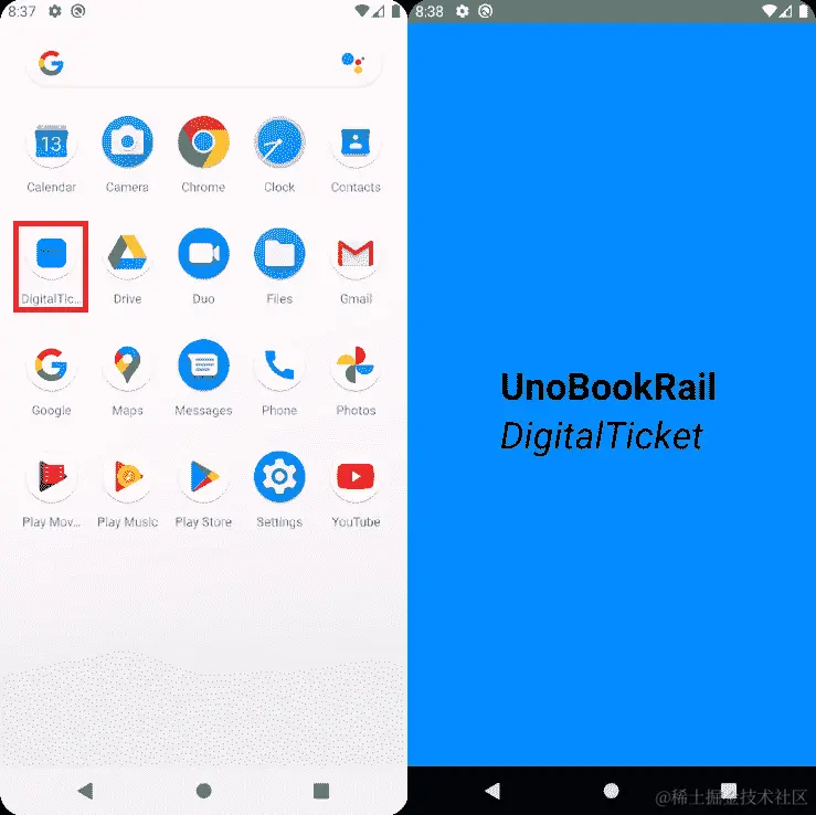 图 5.5 – 左：应用程序列表中的 DigitalTicket；右：DigitalTicket 的启动画面