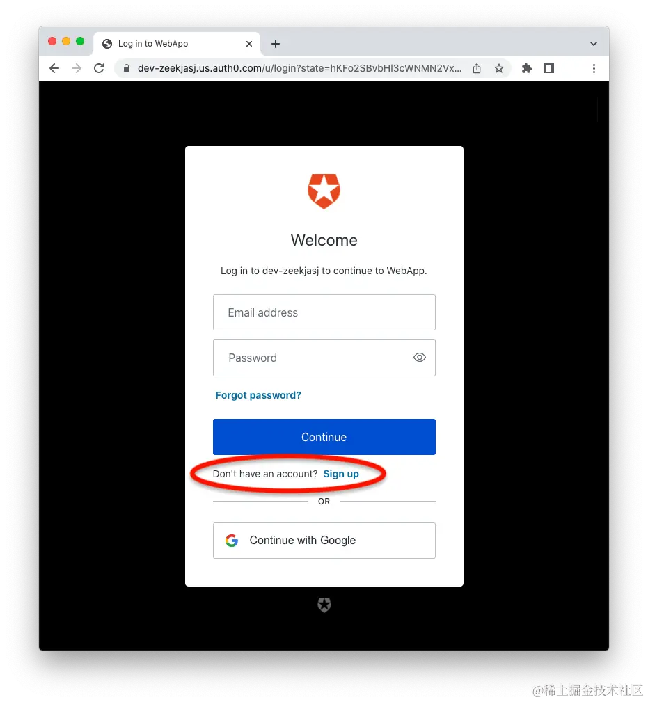 Auth0 Universal Login page with the Sign up link highlighted