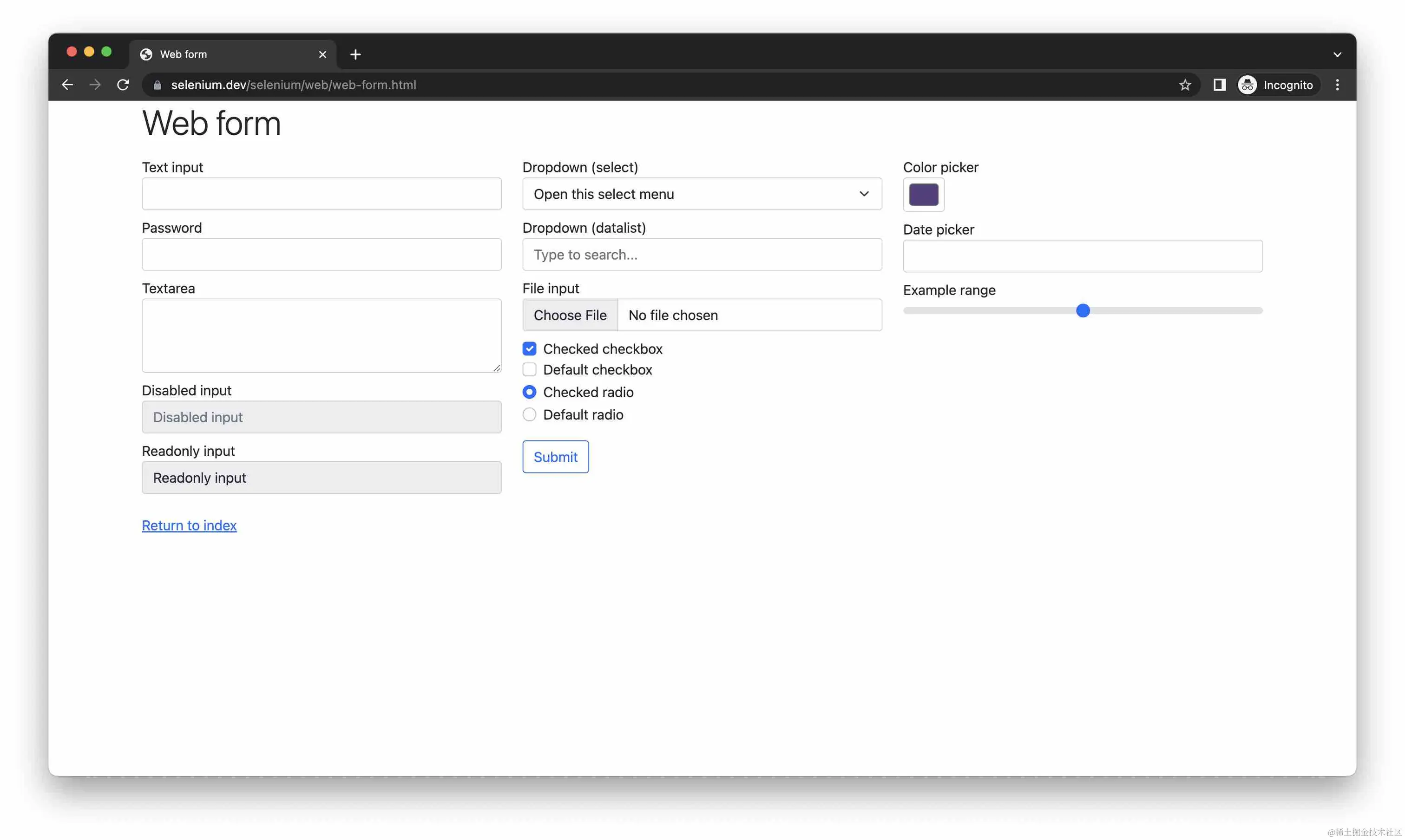 Selenium Web Form 示例页面