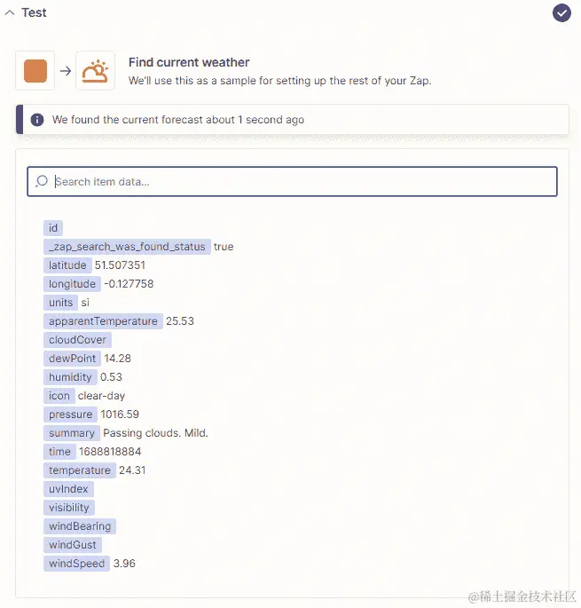 图 10.13 - 从“获取当前天气”搜索操作事件检索到的数据的概述