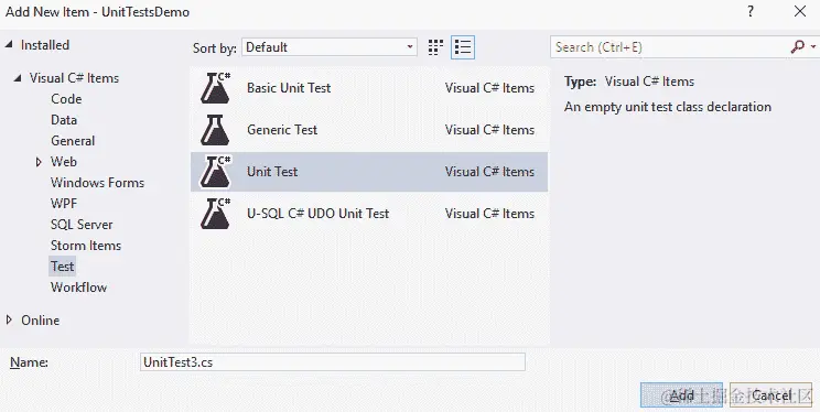 图 17.3 - Visual Studio 中的添加新项对话框，其中包含一些单元测试项目。