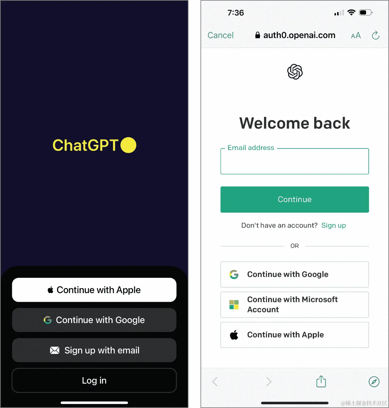 点击闪屏屏幕上的登录按钮（左侧）以使用您现有的 ChatGPT 帐户登录。在欢迎回来屏幕上，输入您的电子邮件地址并点击继续按钮。
