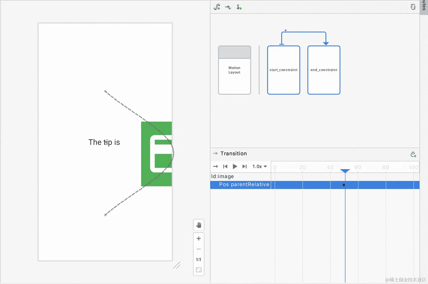 图 15.19：路径现在将是曲线而不是直线。过渡面板还将添加一个新的KeyPosition项目