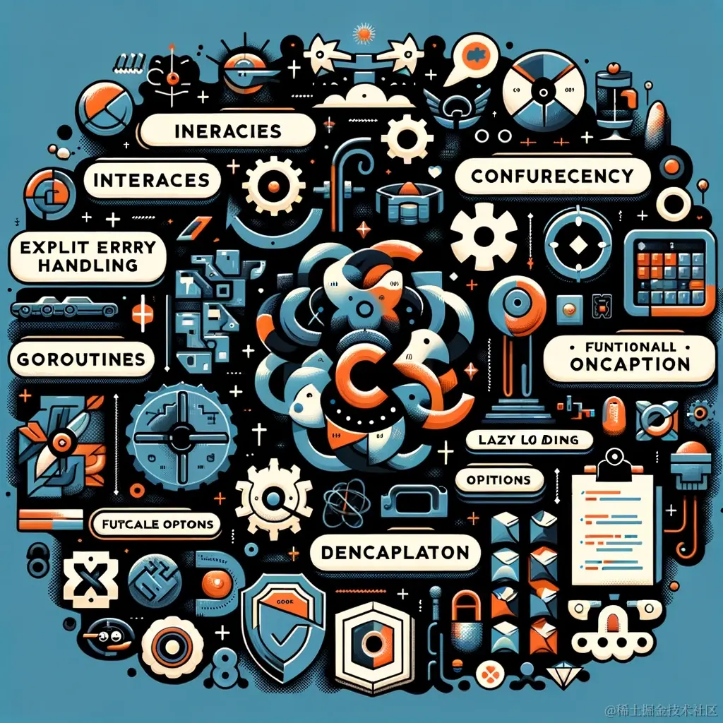 DALL·E 2024-01-20 16.10.13 - An illustration showcasing various programming patterns used in the Go language standard library. The image should depict a collage of different eleme.png