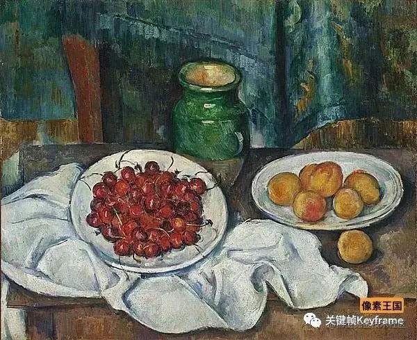 塞尚《樱桃和桃子》