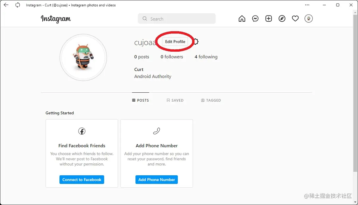 在桌面上单击您的 Instagram 个人资料上的编辑个人资料按钮