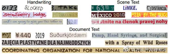 图1 数据集中的文本行示例图像，其中包含各种长度的手写、场景文本和文档文本图像。