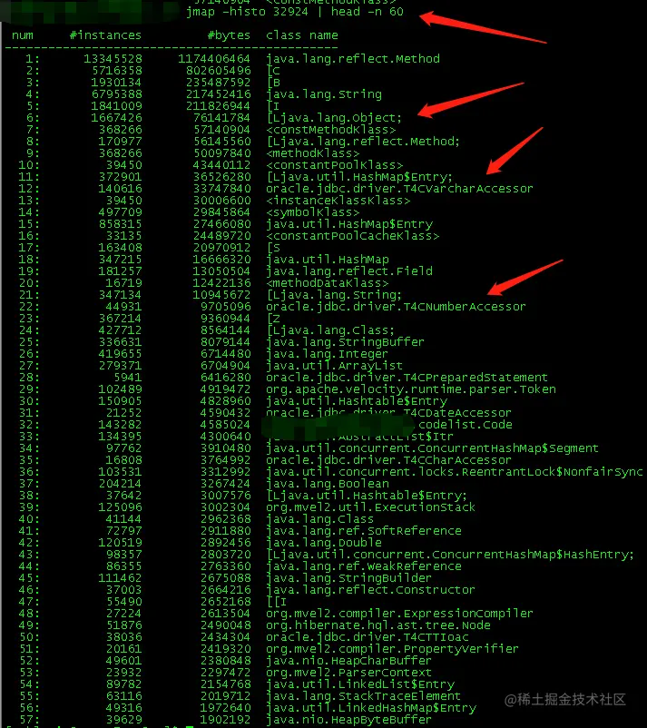 jmap -histo 32924 | head -n 60