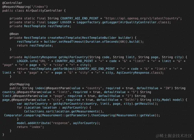 图 7.11 - 实时空气质量数据的代码