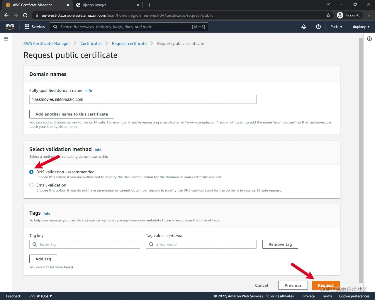 AWS Request Public Certificate