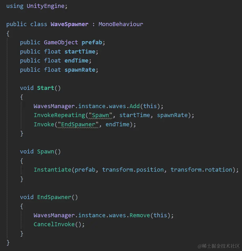 图 16.12 - 修改后的 WaveSpawner 脚本以支持 WavesManager
