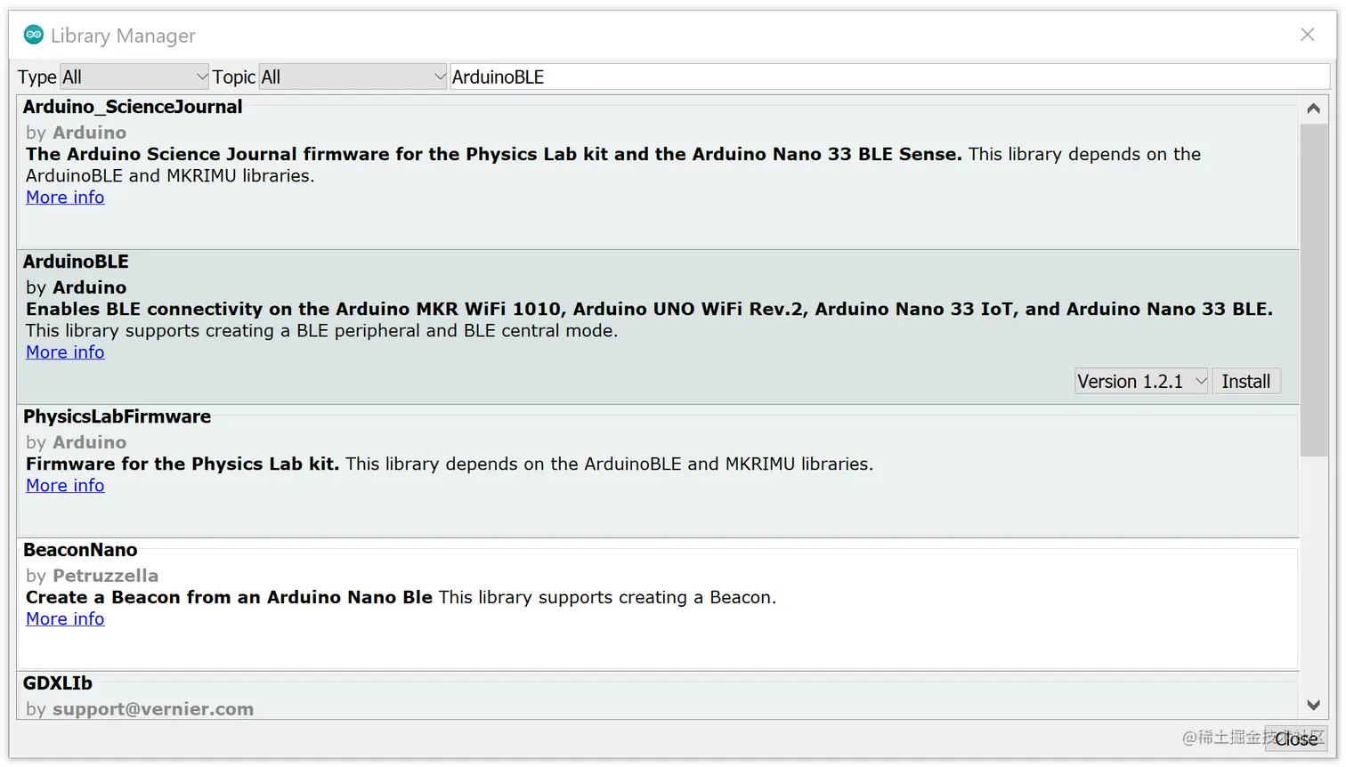 ArduinoBLE Library selection in the Library Manager