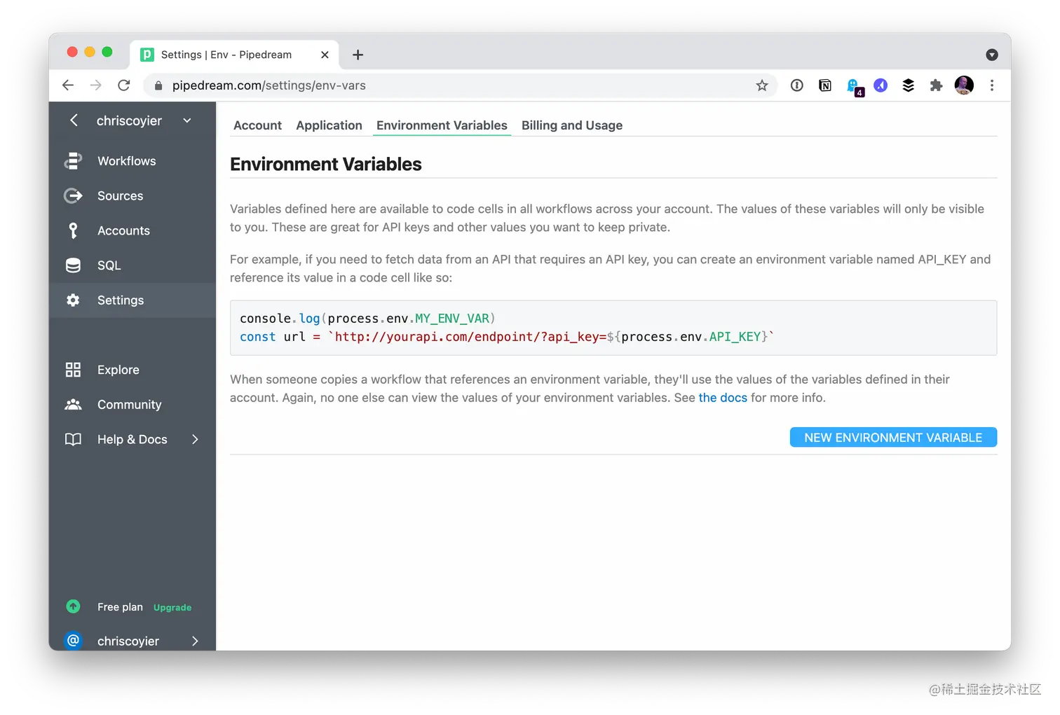 The Pipedream screen for environment variables. A dark gray sidebar is on the left with different menu options where Settings is the currently selected item in the vertical list. The right side of the screen contains the environment variable information with a paragraph defining them, an example, then a bright blue button to create a new environment variable.