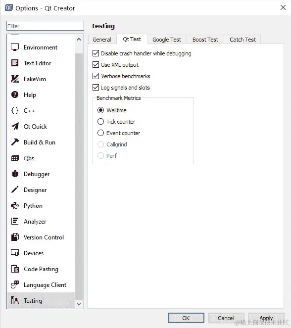 图 9.6–显示 Qt Creator 选项菜单下的 Qt Test 首选项的屏幕截图