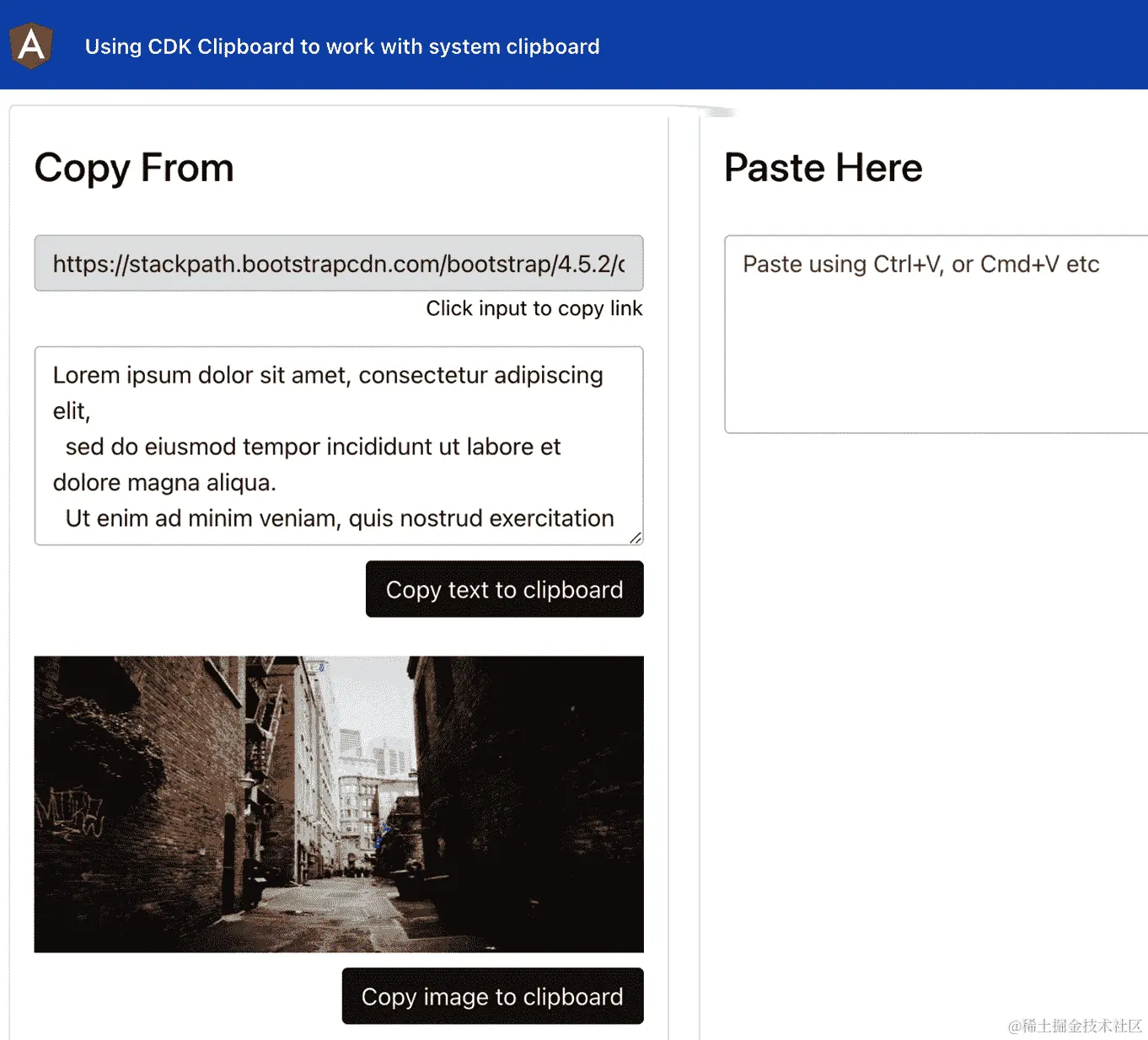 图 9.10 - 使用-cdk-clipboard-api 在 http://localhost:4200 上运行