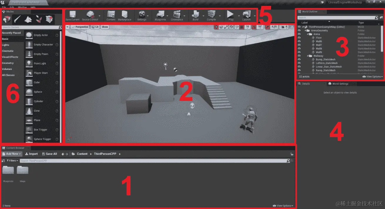图 1.1：Unreal Engine 编辑器分为六个主要窗口