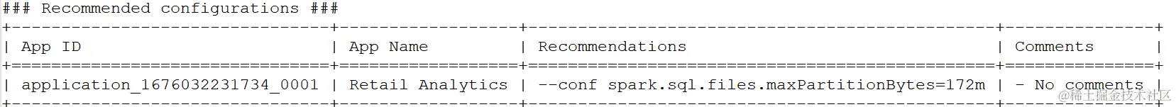 Screenshot of recommended configuration settings output: --conf spark.sql.files.maxPartitionBytes=172m.