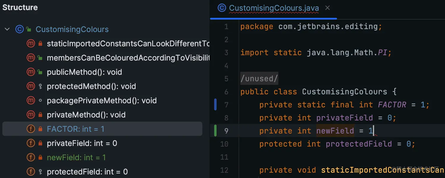 Structure（结构）工具窗口中的 VCS 状态颜色提示
