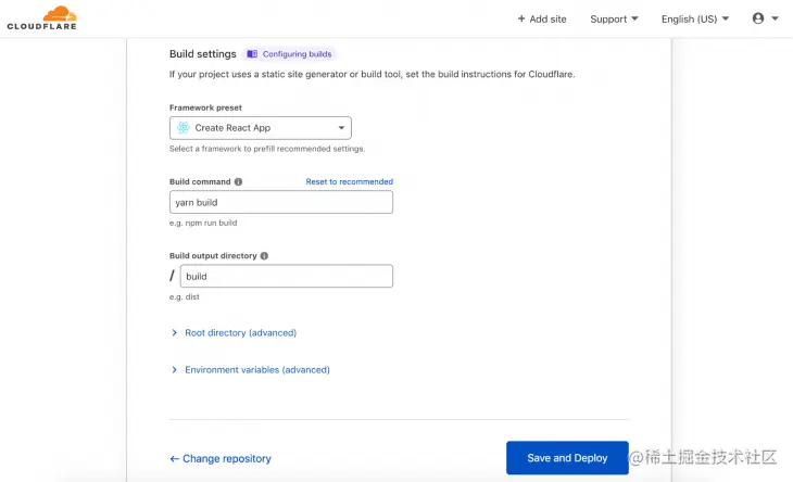 Screenshot of cloudflare pages build settings tab