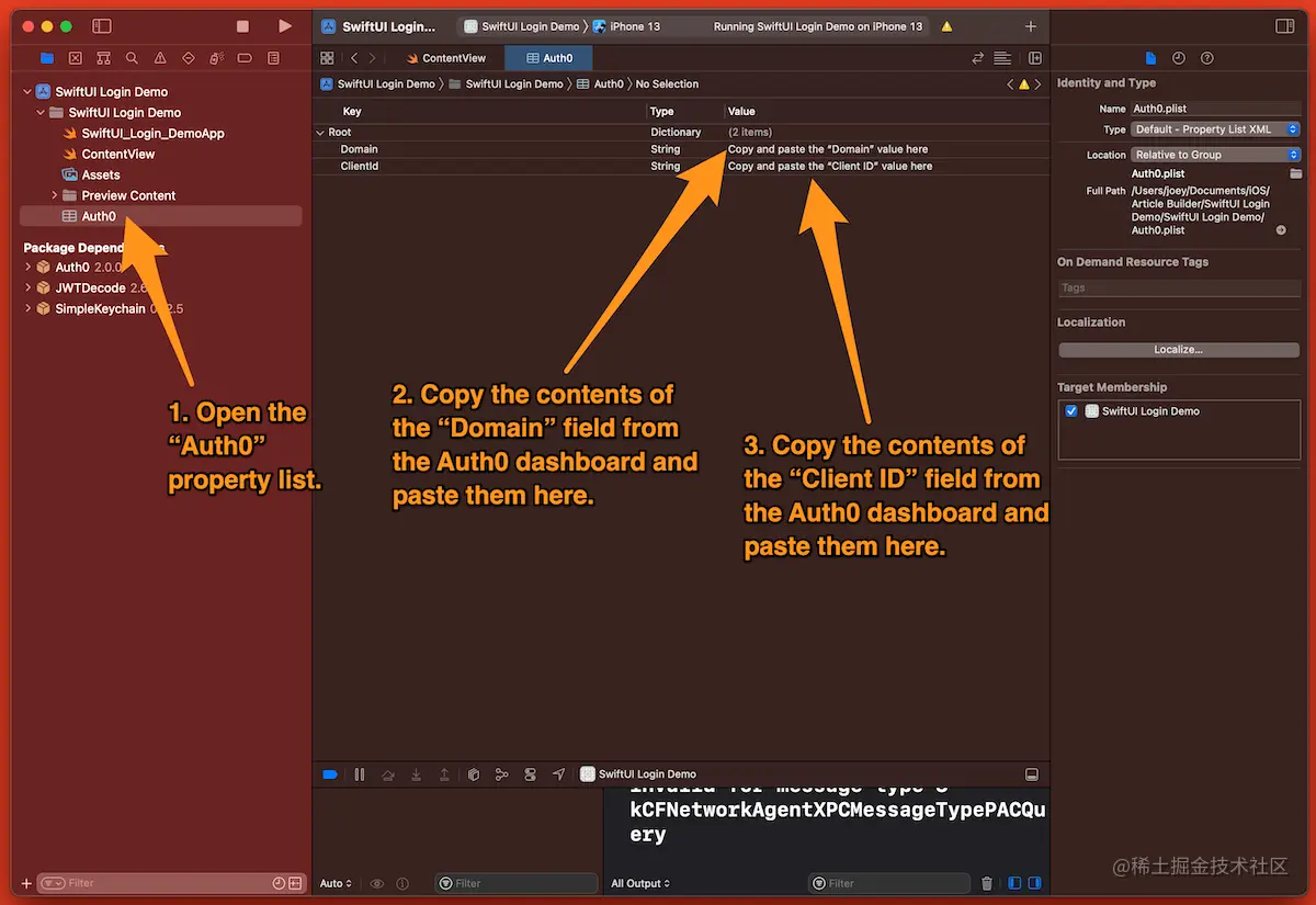 The Auth0 property list in Xcode, with instructions to copy and paste the “Domain” and “Client ID” values into it.