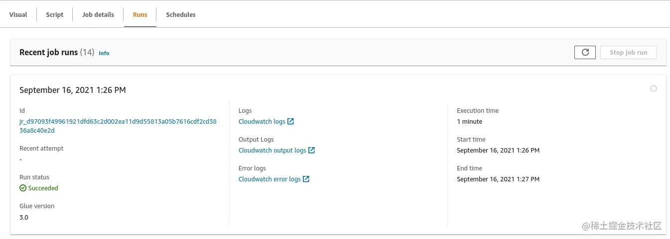 AWS Glue Studio - job runs finished