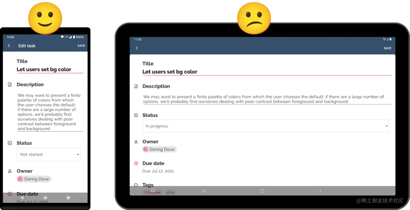 △ 左侧: 手机上的编辑任务界面。右侧: 平板上的编辑任务界面。