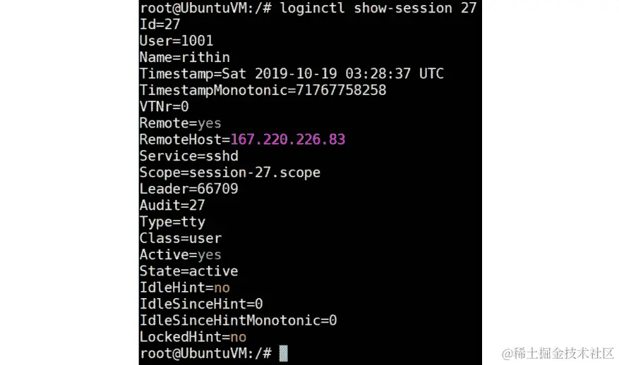 使用 loginctl 检查会话 ID 27 的会话详细信息