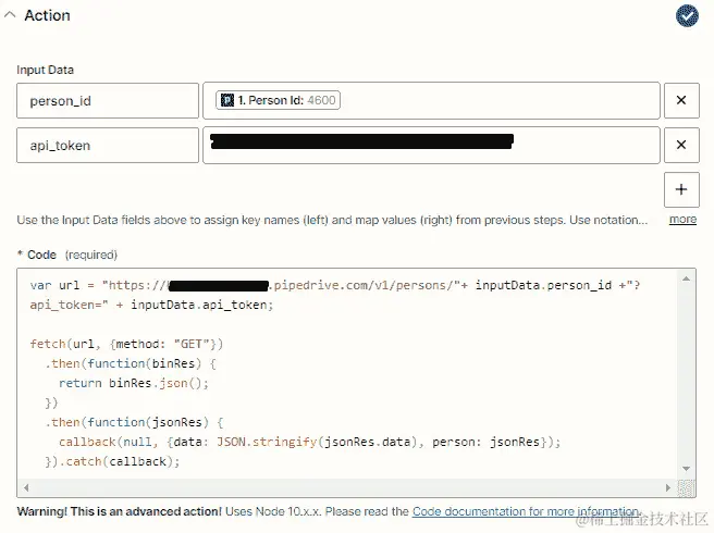 图 11.8 – ﻿在 Code by Zapier 中使用运行 JavaScript 动作事件的概述，以检索 Pipedrive ﻿联系人的电话号码