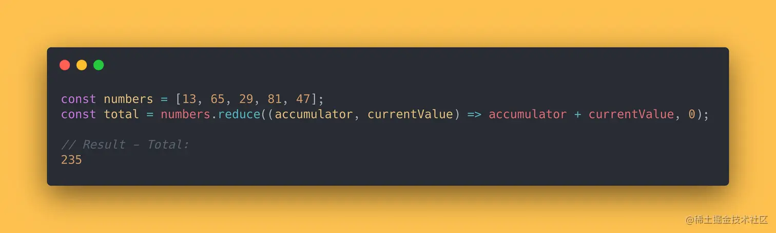 JS code block showing how to use the reduce method to add up all values of an array.