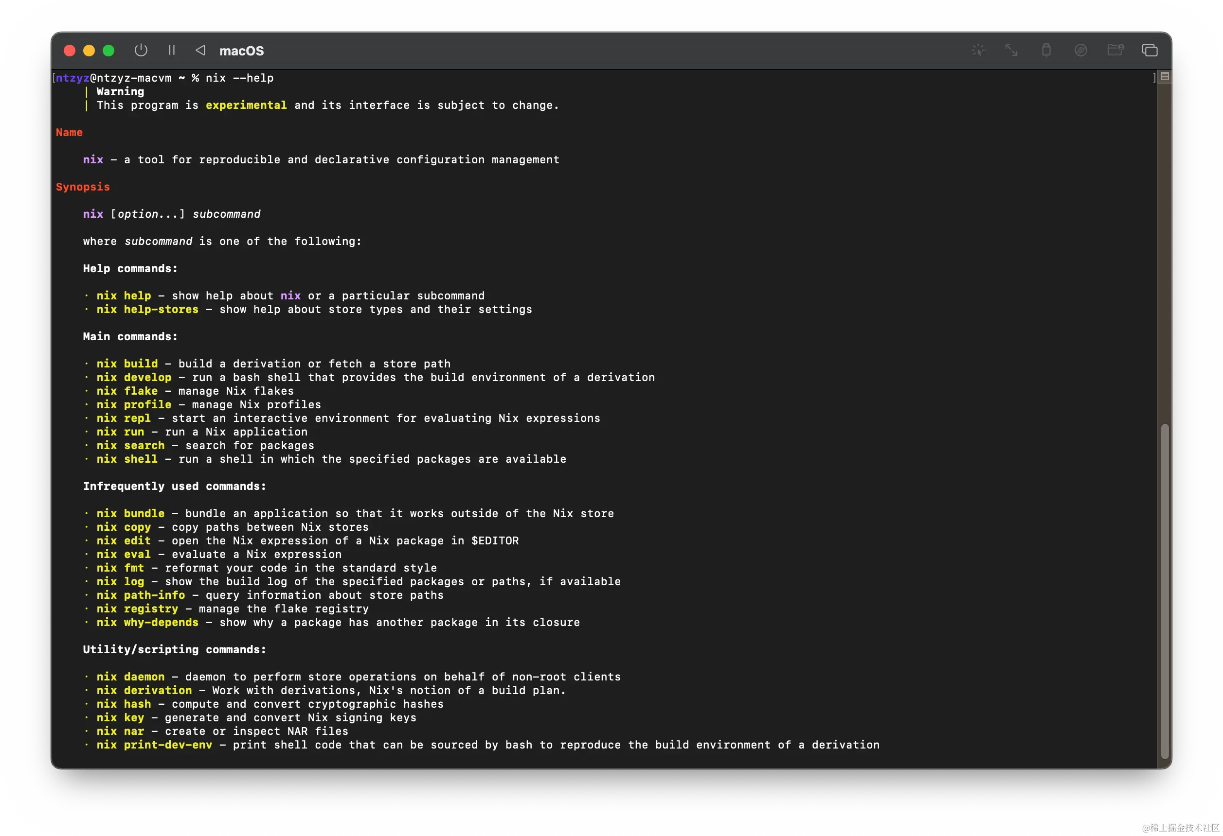 Screenshot of macOS terminal with output of nix --help