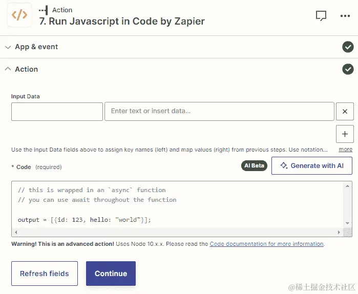 图 19.15 – Code by Zapier 步骤中的使用 AI 按钮的概述