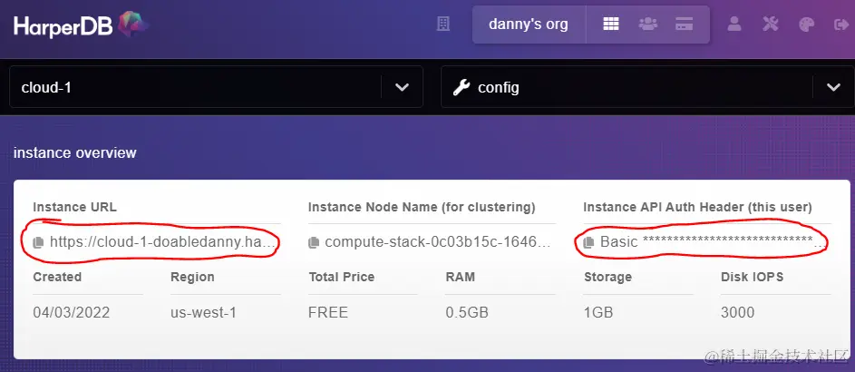 HarperDB instance URL and API auth header