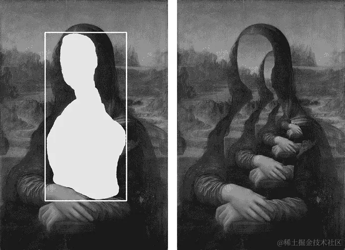 蒙娜丽莎的两幅图像。在第一幅图像中，女人的脸和躯干被单色形状替换，白色矩形表示该形状的边界。在第二幅图像中，单色区域已被原始图像的逐渐缩小版本替换。