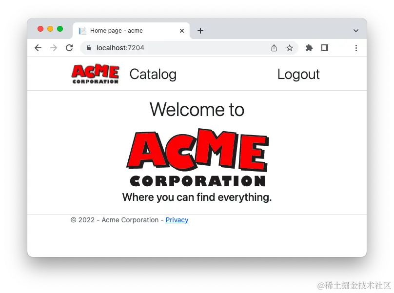 ACME homepage with logout