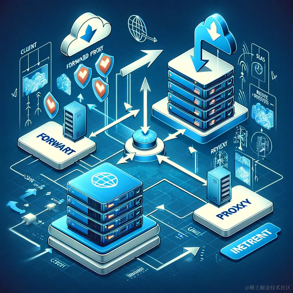 DALL·E 2024-01-04 21.31.55 - A digital illustration showing two servers, one labeled 'Client' with an arrow pointing towards a 'Forward Proxy' server, which in turn has an arrow p.png