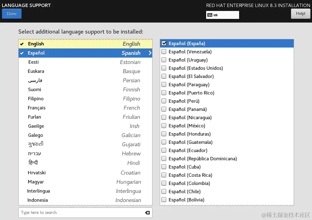 图 1.25 – RHEL8 安装 – 带有不同语言的语言选择对话框