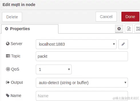 图 10.15 - 设置 mqtt in 节点的属性