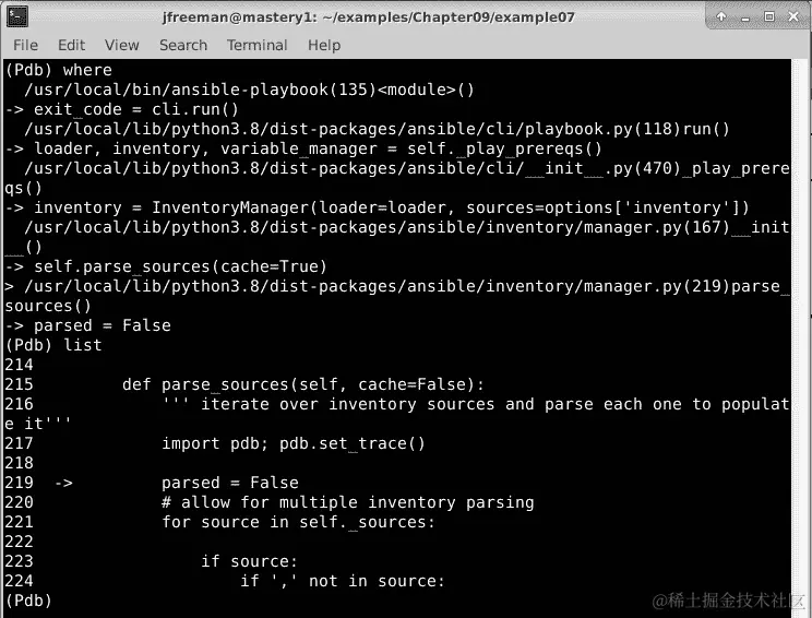 图 9.12 – 演示 where 和 list pdb 命令
