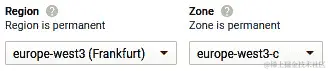 图 2.9 - Google 云中的 RHEL8 - 创建新的 VM 实例，区域和区域