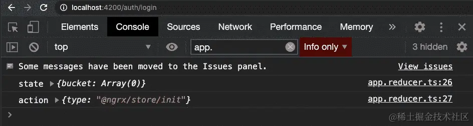 图 6.2 - 显示应用启动时的初始状态和@ngrx/store/init 动作的日志
