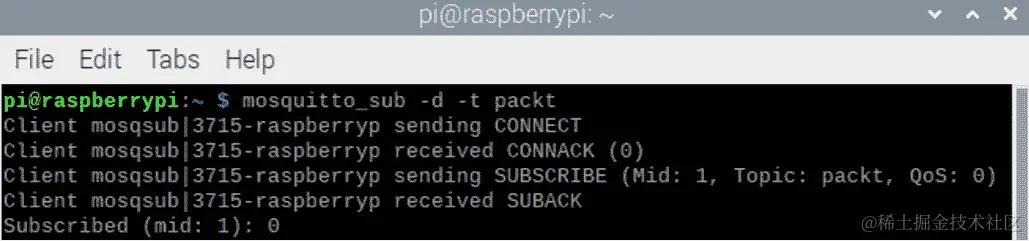 图 10.11 - 开始订阅 Mosquitto 与主题 packt