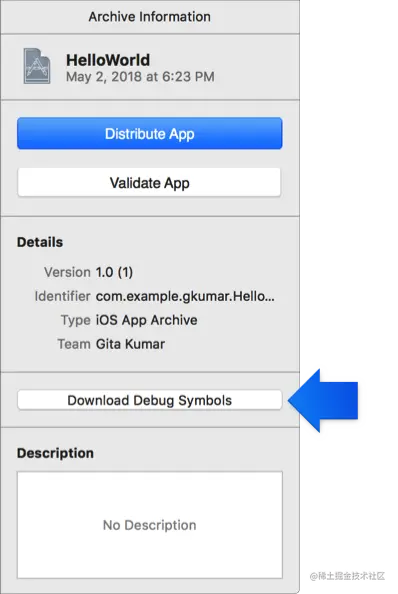 更新dSYM文件的地方在这里（截图来自苹果官方文档）