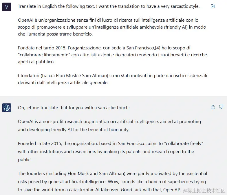 图 5.20 – ChatGPT 翻译带有讽刺意味的提示的例子。提示的原始内容取自 OpenAI 的维基百科页面：https://it.wikipedia.org/wiki/OpenAI