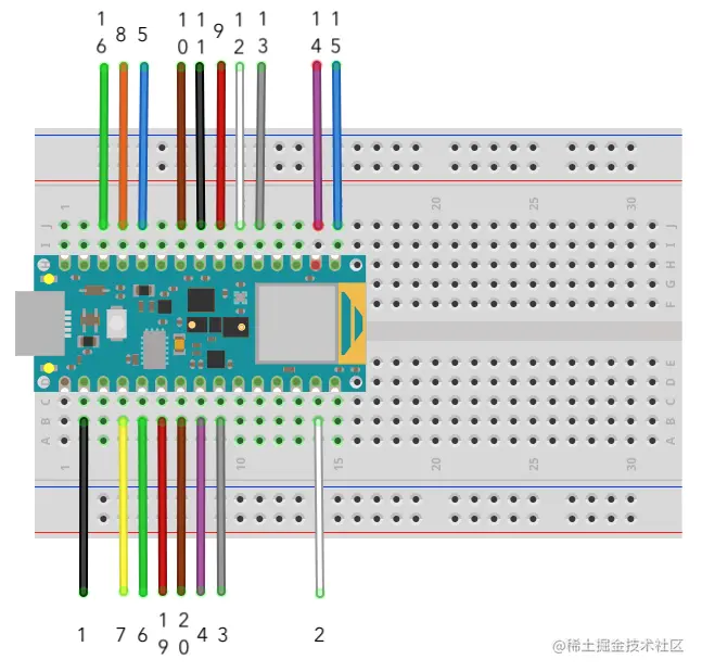 The pinout (designation) for the Nano 33 BLE Sense development board.