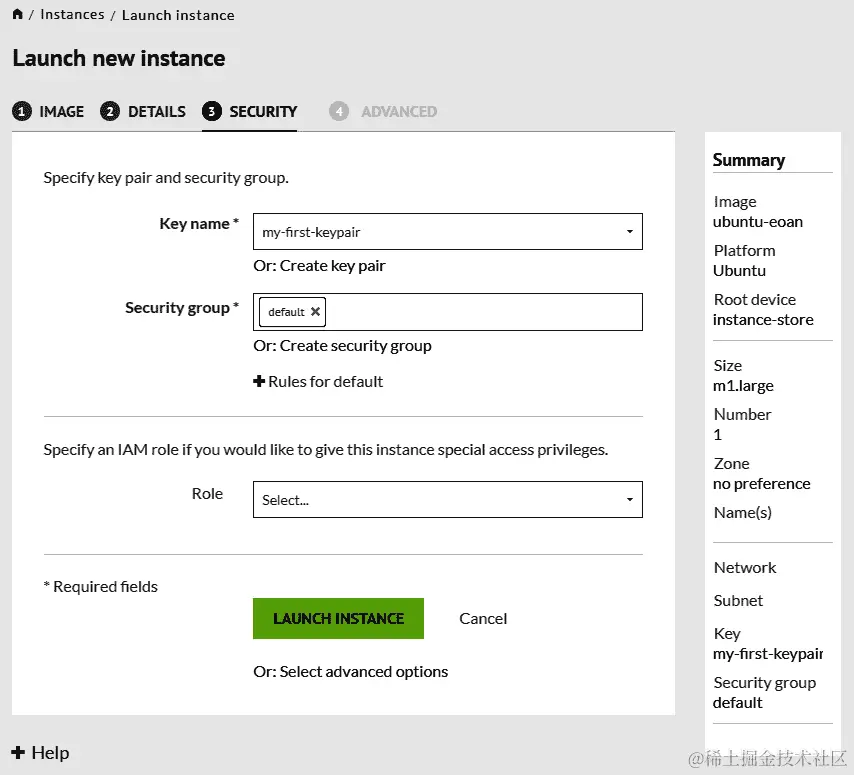 图 13.44 - 安全配置 - 选择密钥和 IAM 角色