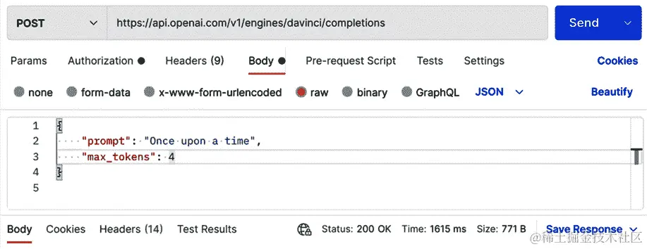 图 4.20 - Completions 终端的 Postman 响应含有 max_tokens