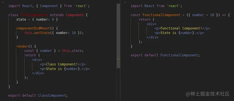 类组件（左边）和函数组件（右边）的比较
