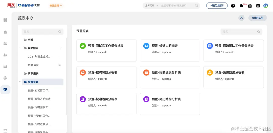 预置8张常用报表随心下载-用友大易智能招聘系统